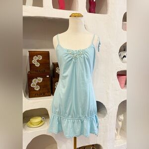 Y2K Light Blue Summer Dress with Adjustable Straps and Embellishments